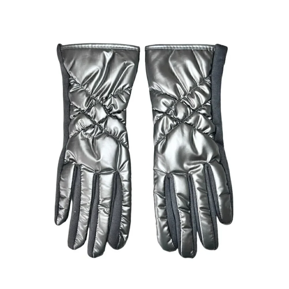 NEW Winter Puffer Gloves Sz.M 7 Gray Metallic Nylon Fleece Touchscreen Friendly